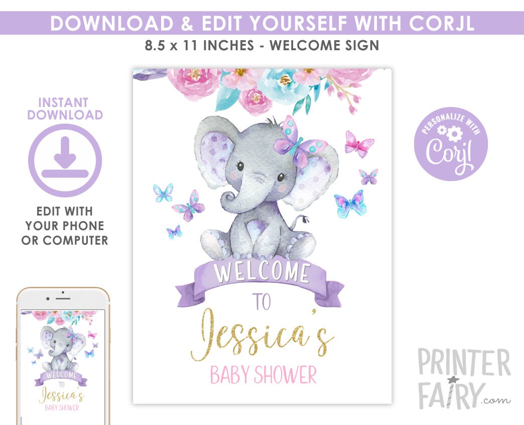 Floral Elephant Baby Shower Welcome Sign, Editable Template (Digital Download)