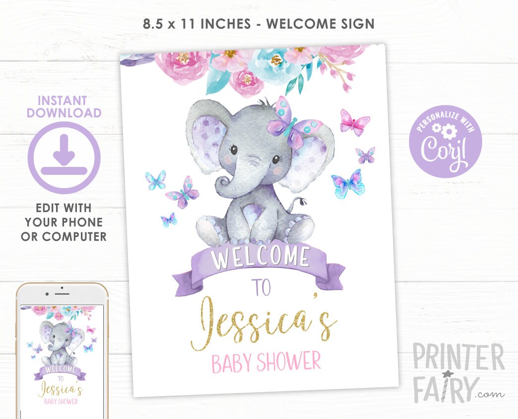 Floral Elephant Baby Shower Welcome Sign, Editable Template (Digital Download)