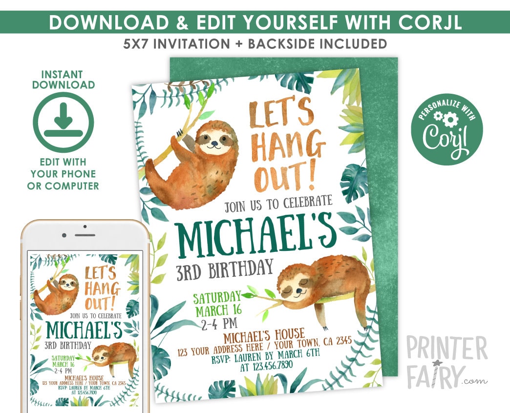 Sloth Birthday Invitation Editable Template, Jungle Theme, Digital Instant Download