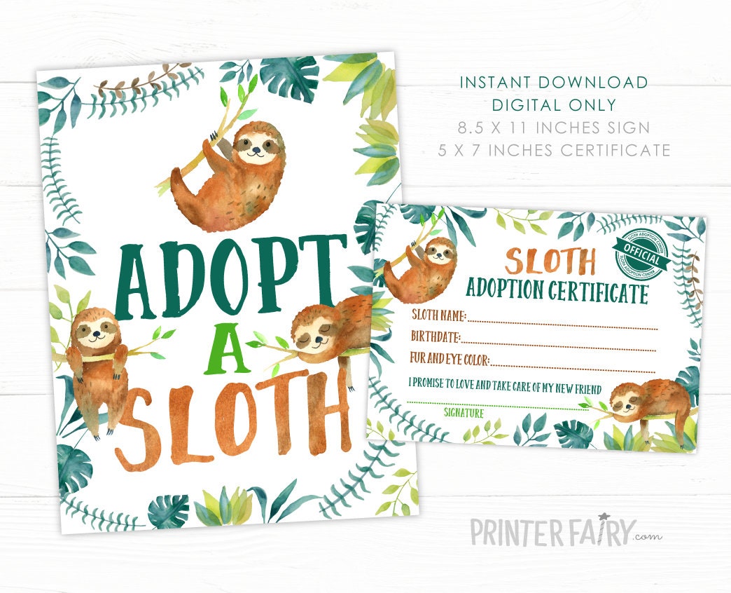 Sloth Adoption Sign & Certificate, Birthday Party Decor (Digital Download)