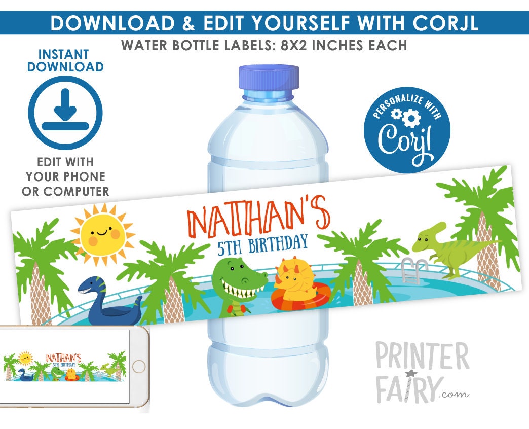 Dinosaur Pool Party Water Bottle Labels, Editable Printable (Digital)