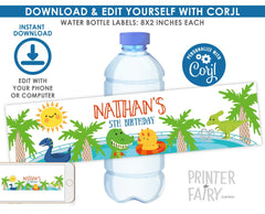 Dinosaur Pool Party Water Bottle Labels, Editable Printable (Digital)