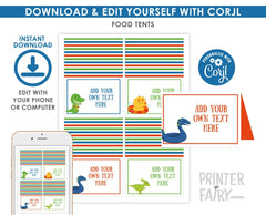Dinosaur Pool Party Food Tents EDITABLE Template Labels, INSTANT DOWNLOAD