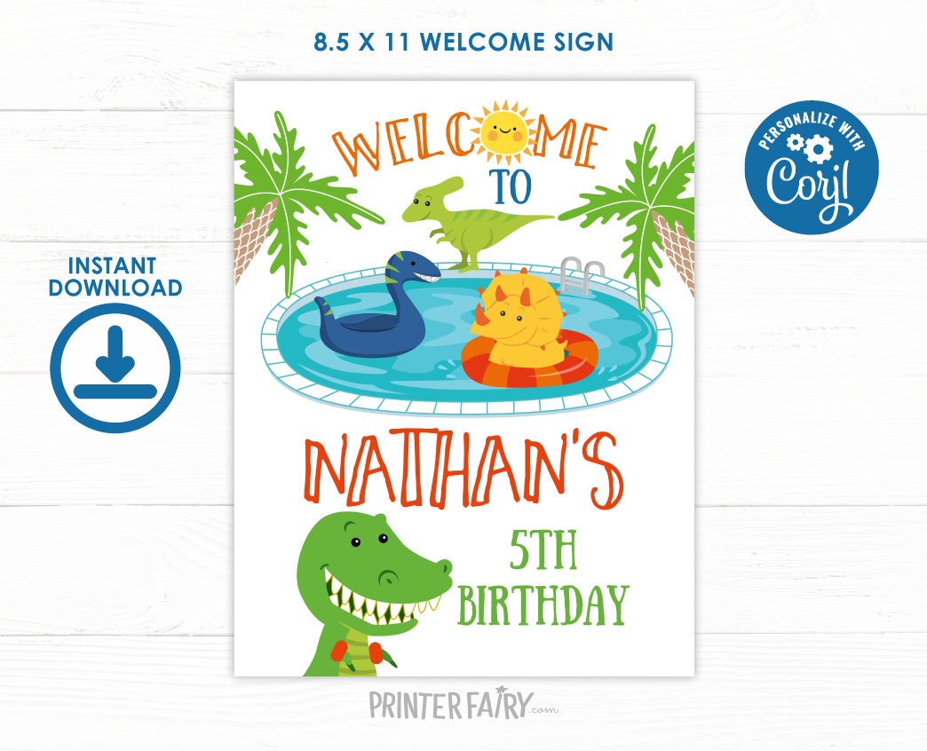 Dinosaur Pool Party Welcome Sign, EDITABLE Birthday Decor (Digital Download)