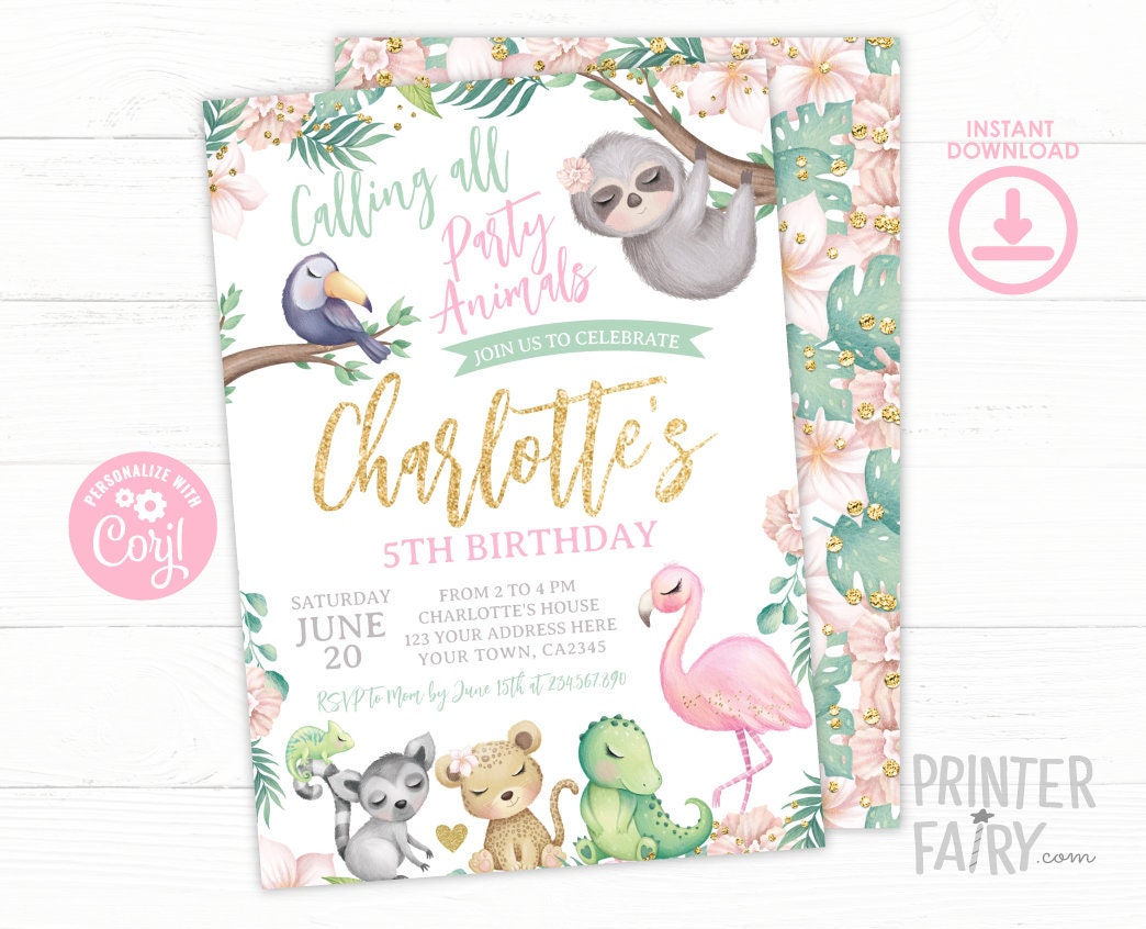 Safari Girl Birthday Invitation, Jungle Animals (INSTANT DOWNLOAD)