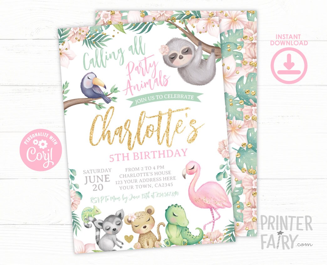 Safari Girl Birthday Invitation, Jungle Animals (INSTANT DOWNLOAD)