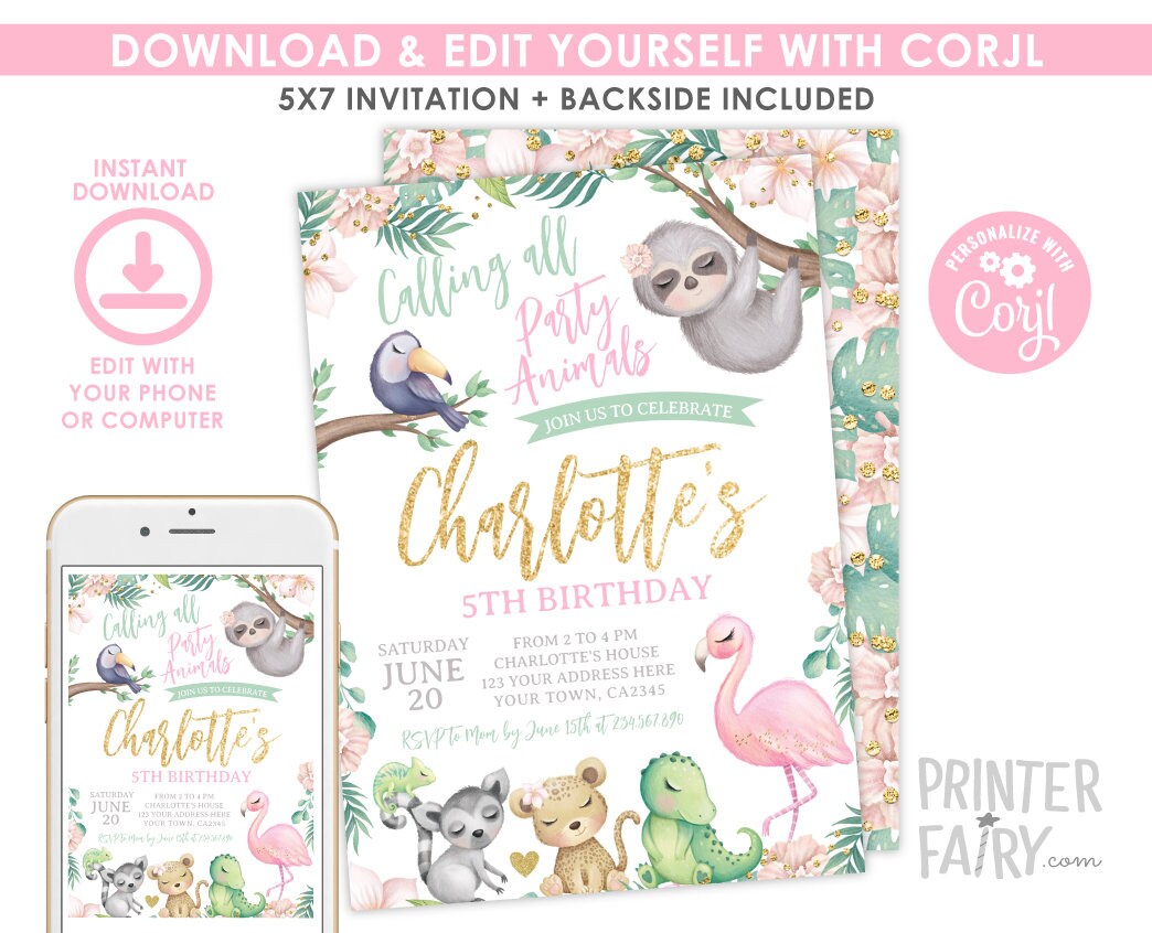 Safari Girl Birthday Invitation, Jungle Animals (INSTANT DOWNLOAD)