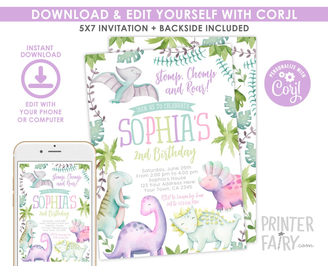 Editable Dinosaur Girl Birthday Invitation (Instant Download)