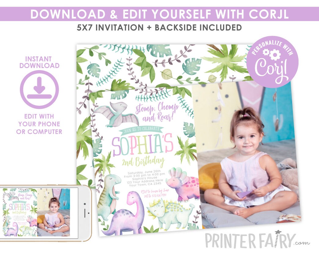 Dinosaur Girl Birthday Invitation with Photo, Editable (Instant Download)