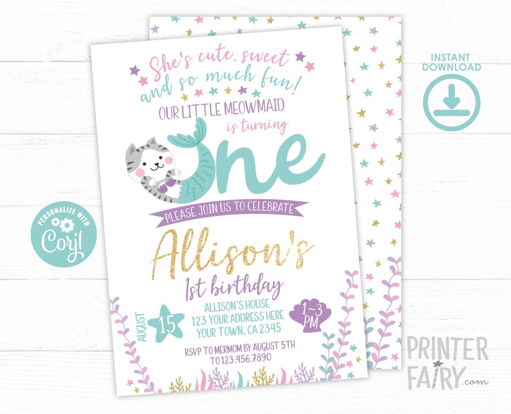 Meowmaid 1st Birthday Invitation, Editable Cat Mermaid (Instant Download)