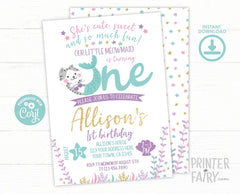 Meowmaid 1st Birthday Invitation, Editable Cat Mermaid (Instant Download)
