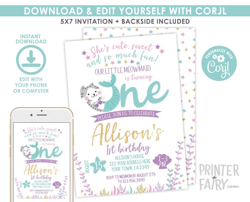 Meowmaid 1st Birthday Invitation, Editable Cat Mermaid (Instant Download)
