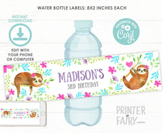 Sloth Water Bottle Labels Editable Template, INSTANT DOWNLOAD
