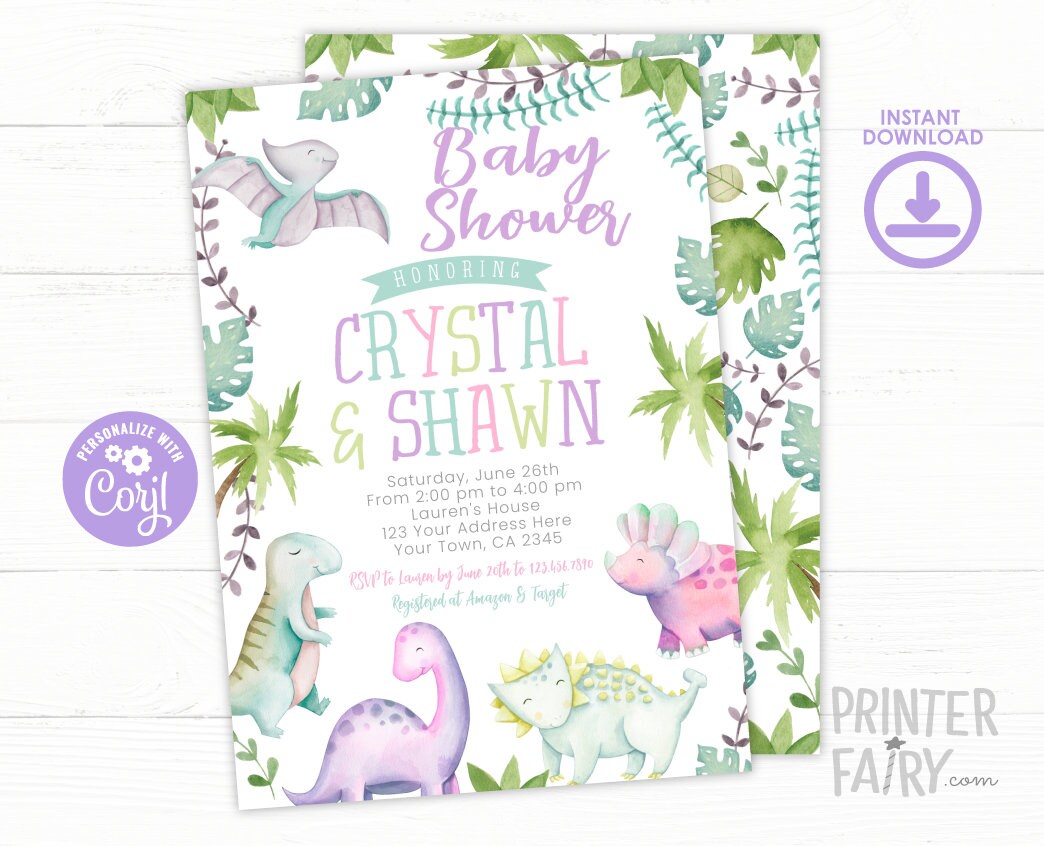 Dinosaur Girl Baby Shower Invitation, Editable (Instant Download)