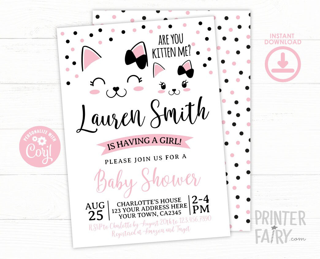 Kitty Cat Baby Shower Invitation Girl (Editable Digital Download)