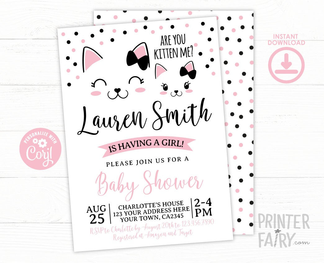 Kitty Cat Baby Shower Invitation Girl (Editable Digital Download)