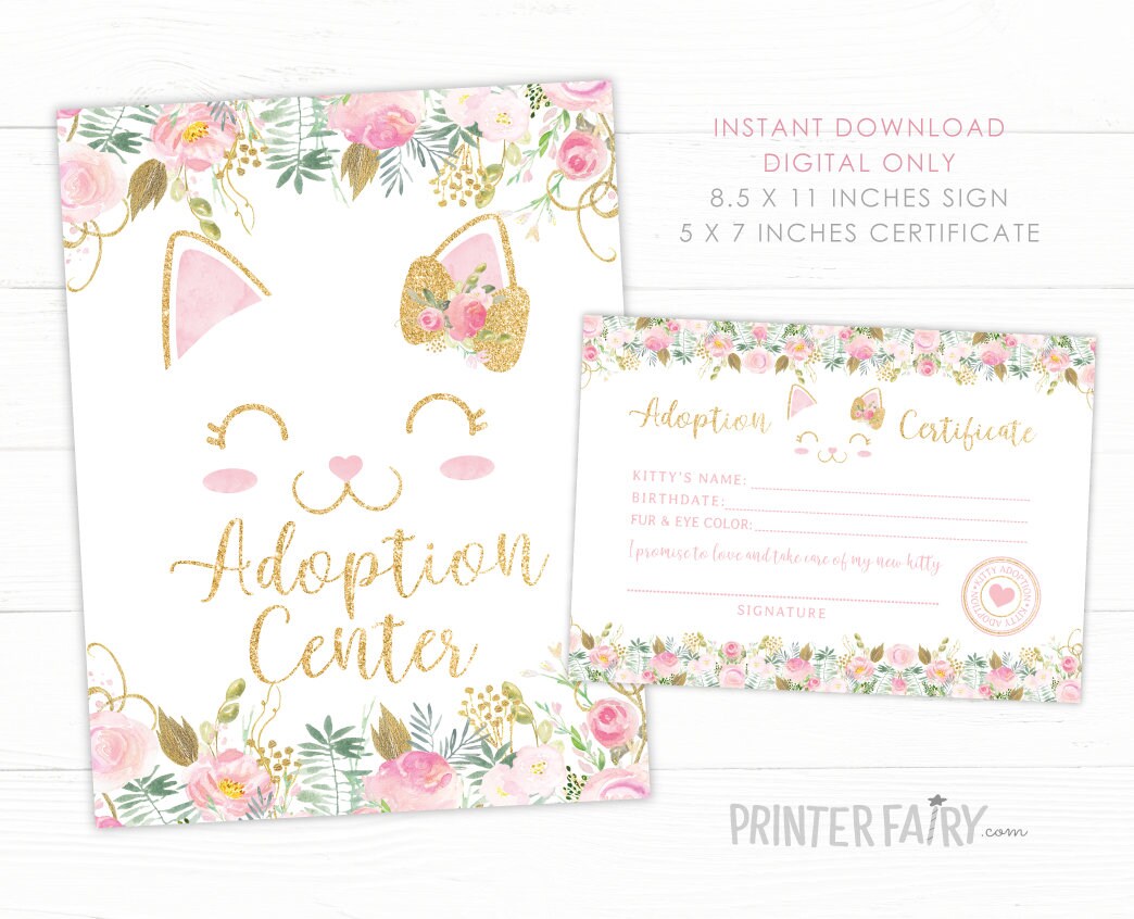 Floral Kitty Adoption Party Sign and Certificate (Instant Download)