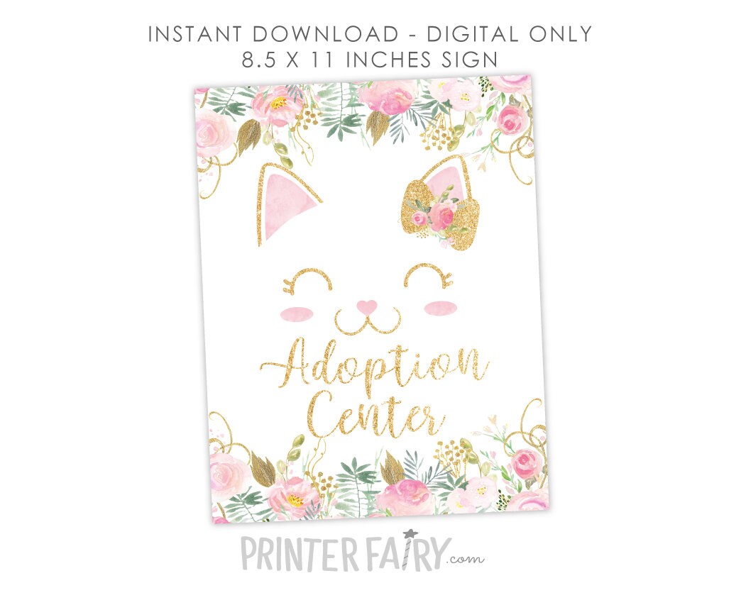 Floral Kitty Adoption Party Sign and Certificate (Instant Download)