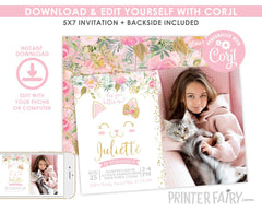 Floral Kitty Cat Birthday Invitation with Photo, Editable Pawty (Instant Download)