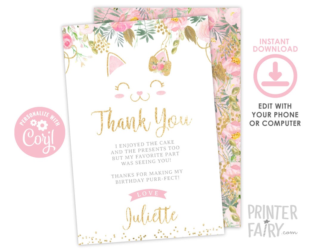 Floral Kitty Thank You Cards, Editable Birthday Notes (Digital Download)