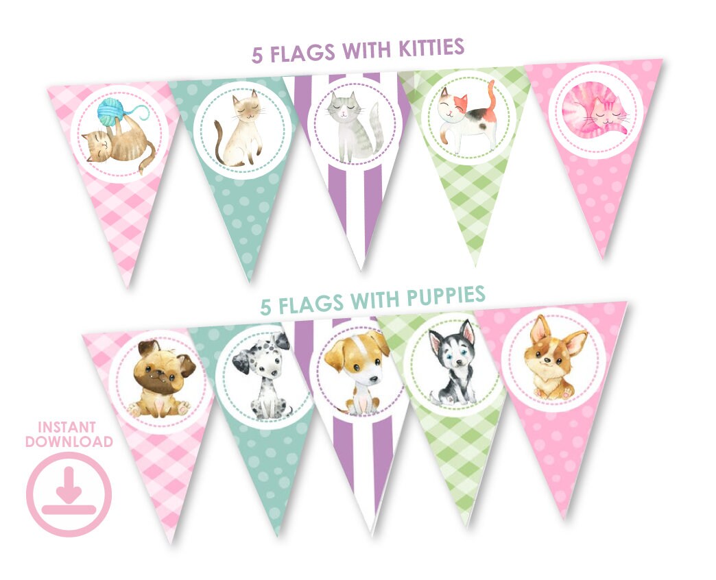 Puppies and Kitties Birthday Banner, Pet Pawty Decorations (INSTANT DOWNLOAD)
