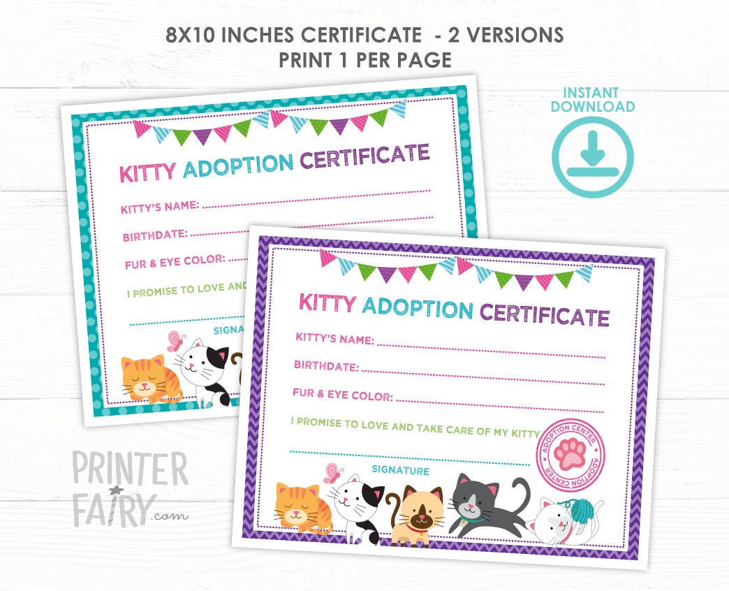 Kitty Cat Adoption Certificate, Kitten Birthday (Digital Files)