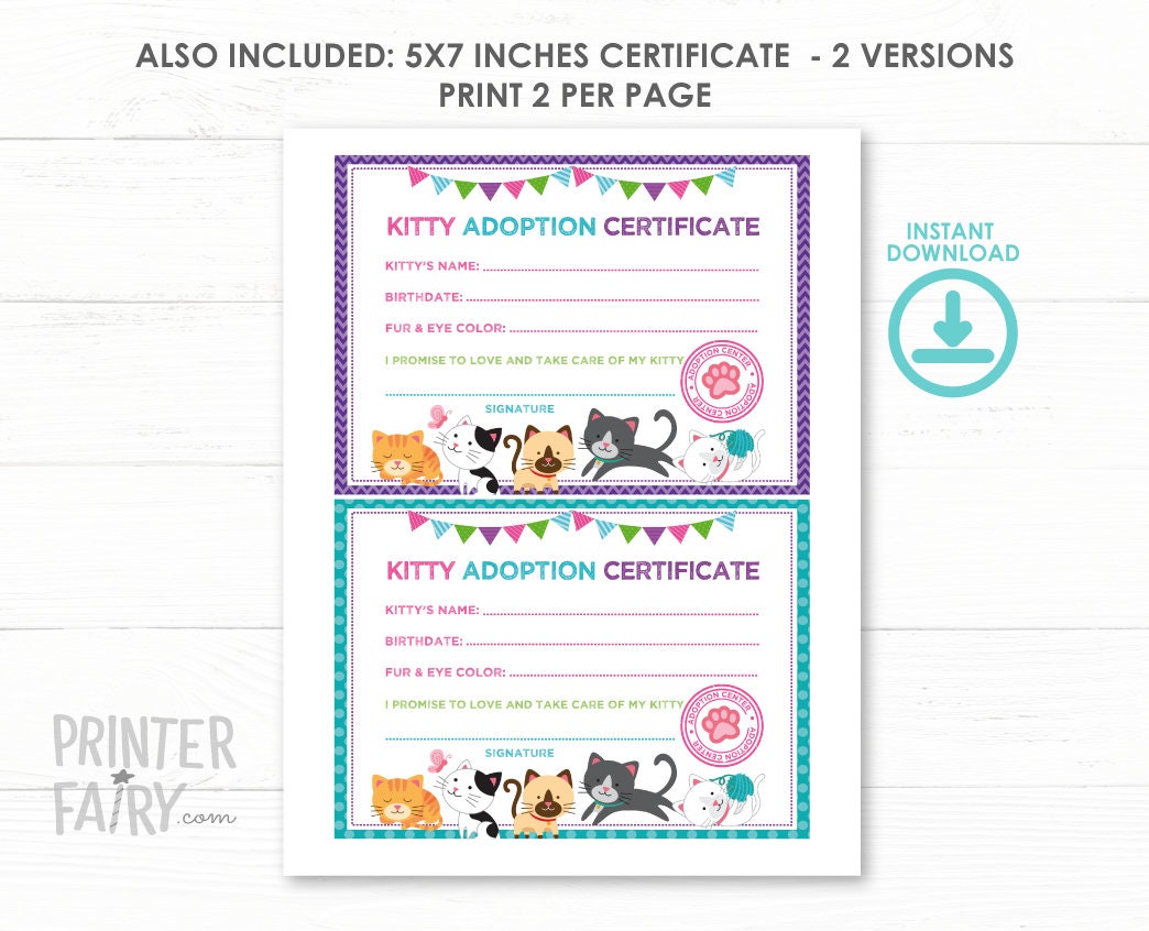 Kitty Cat Adoption Certificate, Kitten Birthday (Digital Files)