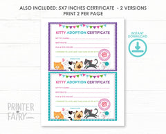 Kitty Cat Adoption Certificate, Kitten Birthday (Digital Files)