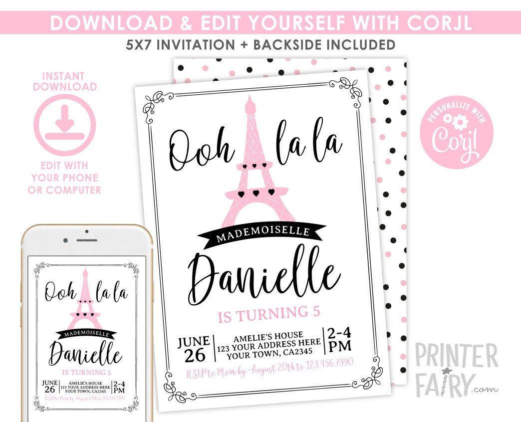 Paris Birthday Party Theme Invitation Template, Instant Download