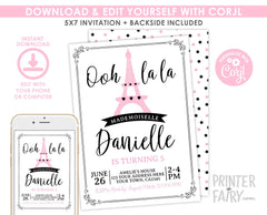 Paris Birthday Party Theme Invitation Template, Instant Download