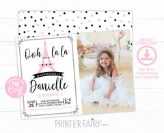 Paris Birthday Invitation with Photo, Pink Eiffel Tower, Instant Download