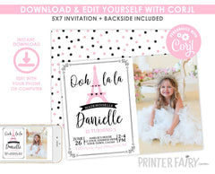 Paris Birthday Invitation with Photo, Pink Eiffel Tower, Instant Download
