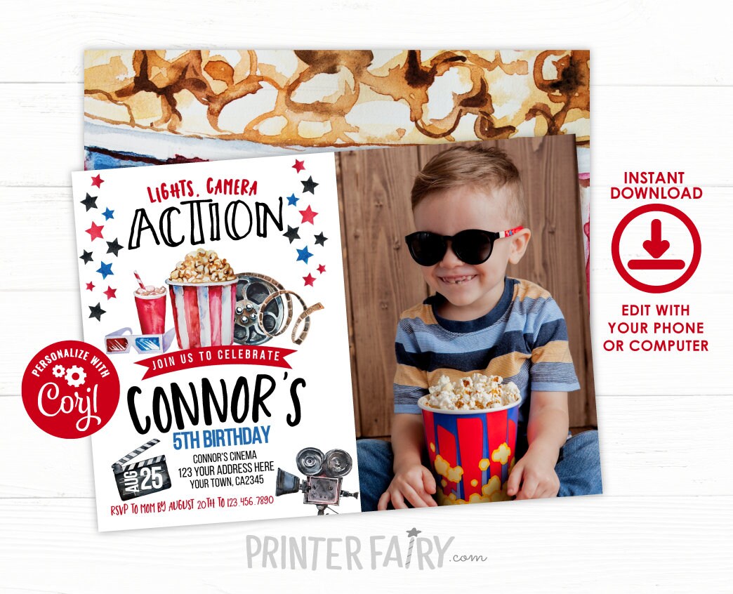 Movie Birthday Invitation with Photo Editable Template (Digital Instant Download)