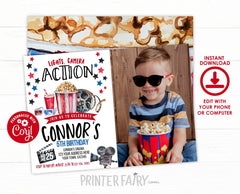 Movie Birthday Invitation with Photo Editable Template (Digital Instant Download)