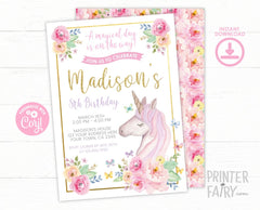 Floral Unicorn Birthday Invitation, Editable Template (Digital Download)