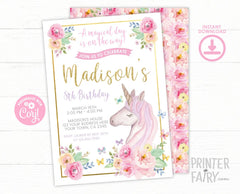 Floral Unicorn Birthday Invitation, Editable Template (Digital Download)