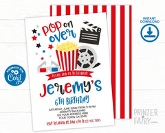 Movie Party Birthday Invitation Editable Template, Instant Download