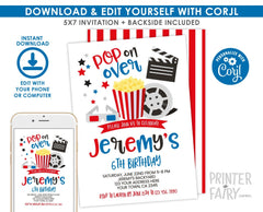 Movie Party Birthday Invitation Editable Template, Instant Download