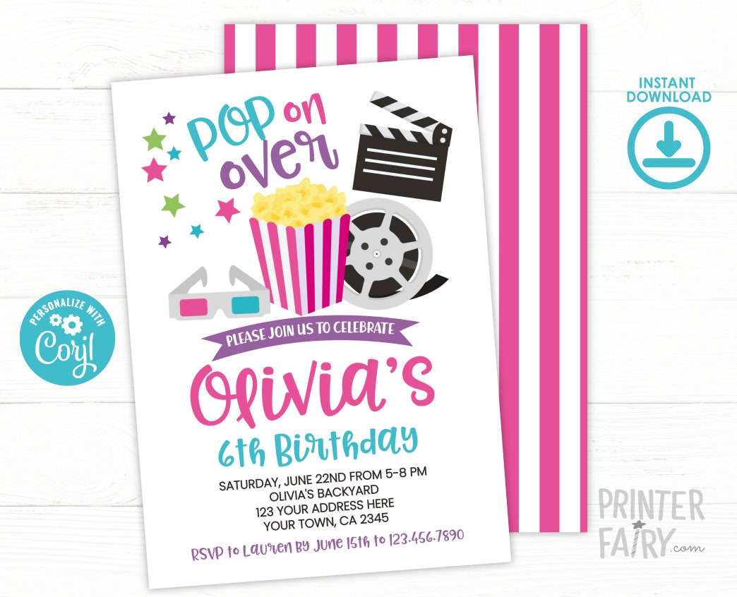 Editable Movie Birthday Invitation, Cinema Party (Instant Download)