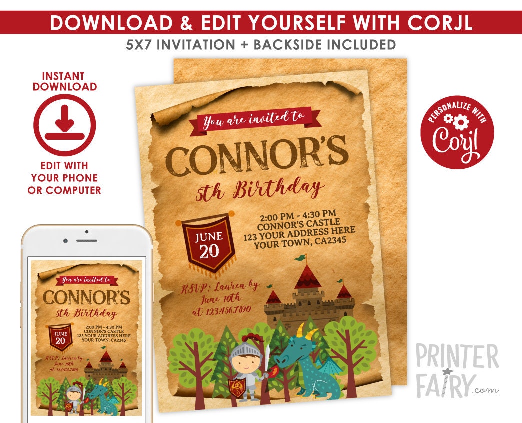 Knight Birthday Party Editable Invitation Template, Instant Download