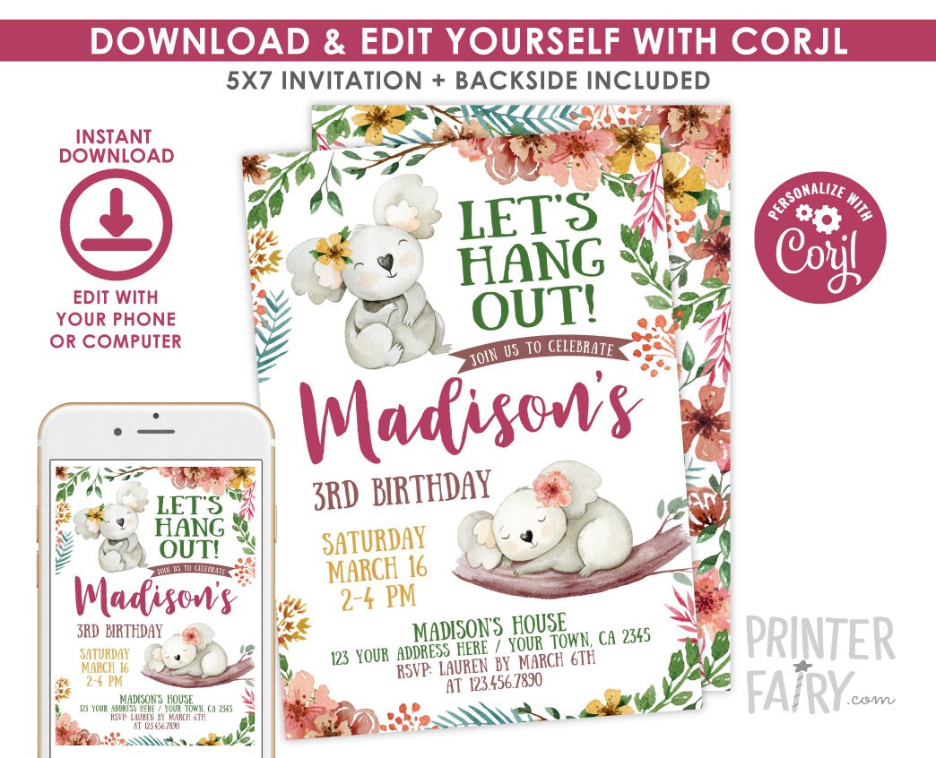 Koala Birthday Invitation EDITABLE Template, INSTANT DOWNLOAD