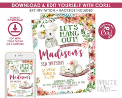 Koala Birthday Invitation EDITABLE Template, INSTANT DOWNLOAD