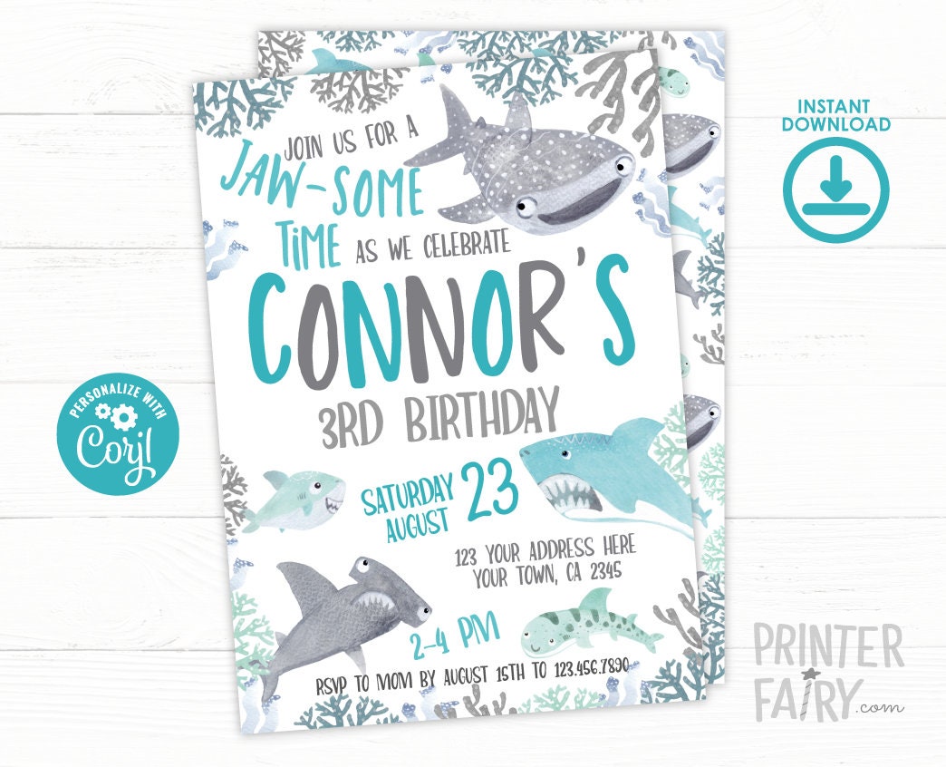 Shark Birthday Party Invitation Editable Template, INSTANT DOWNLOAD