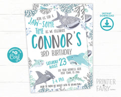 Shark Birthday Party Invitation Editable Template, INSTANT DOWNLOAD