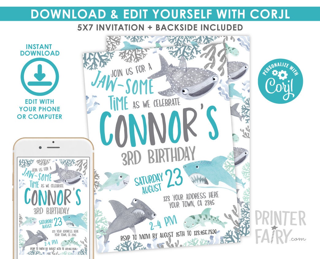 Shark Birthday Party Invitation Editable Template, INSTANT DOWNLOAD