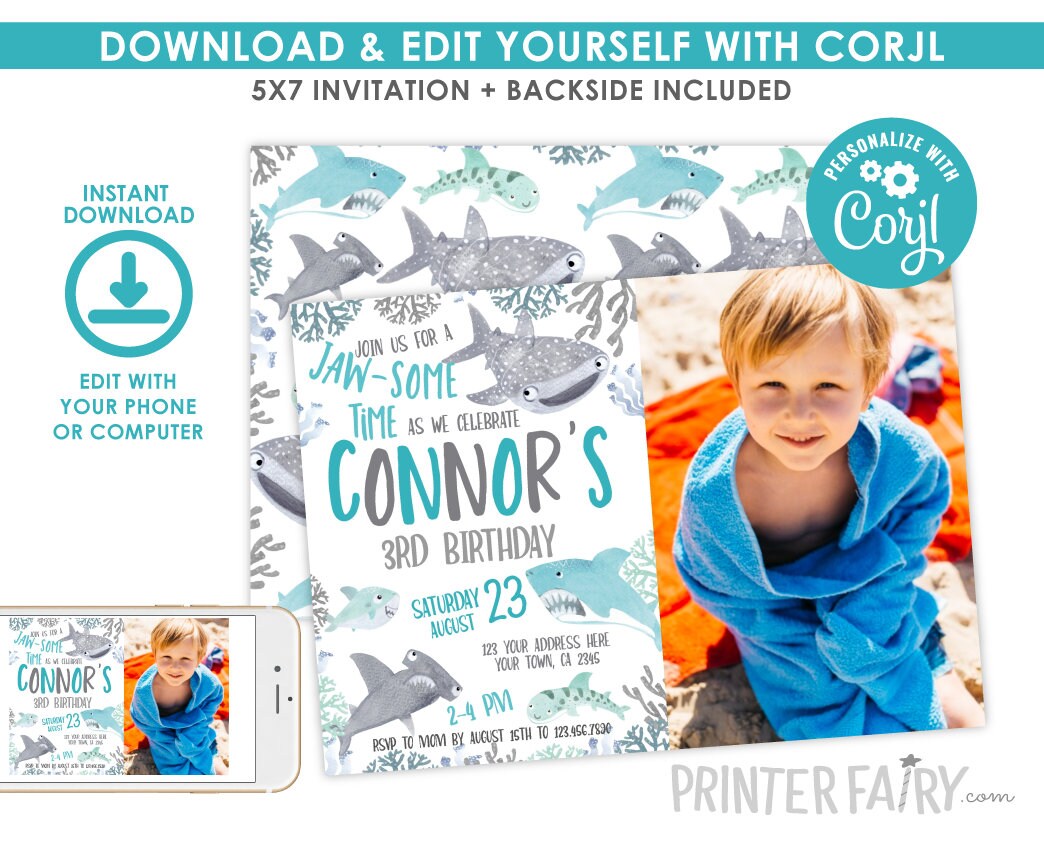 Shark Birthday Invitation with Photo, Fintastic Jawsome Theme (Instant Download)