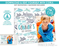 Shark Birthday Invitation with Photo, Fintastic Jawsome Theme (Instant Download)