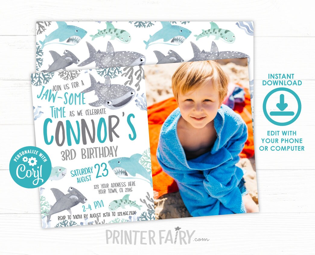 Shark Birthday Invitation with Photo, Fintastic Jawsome Theme (Instant Download)