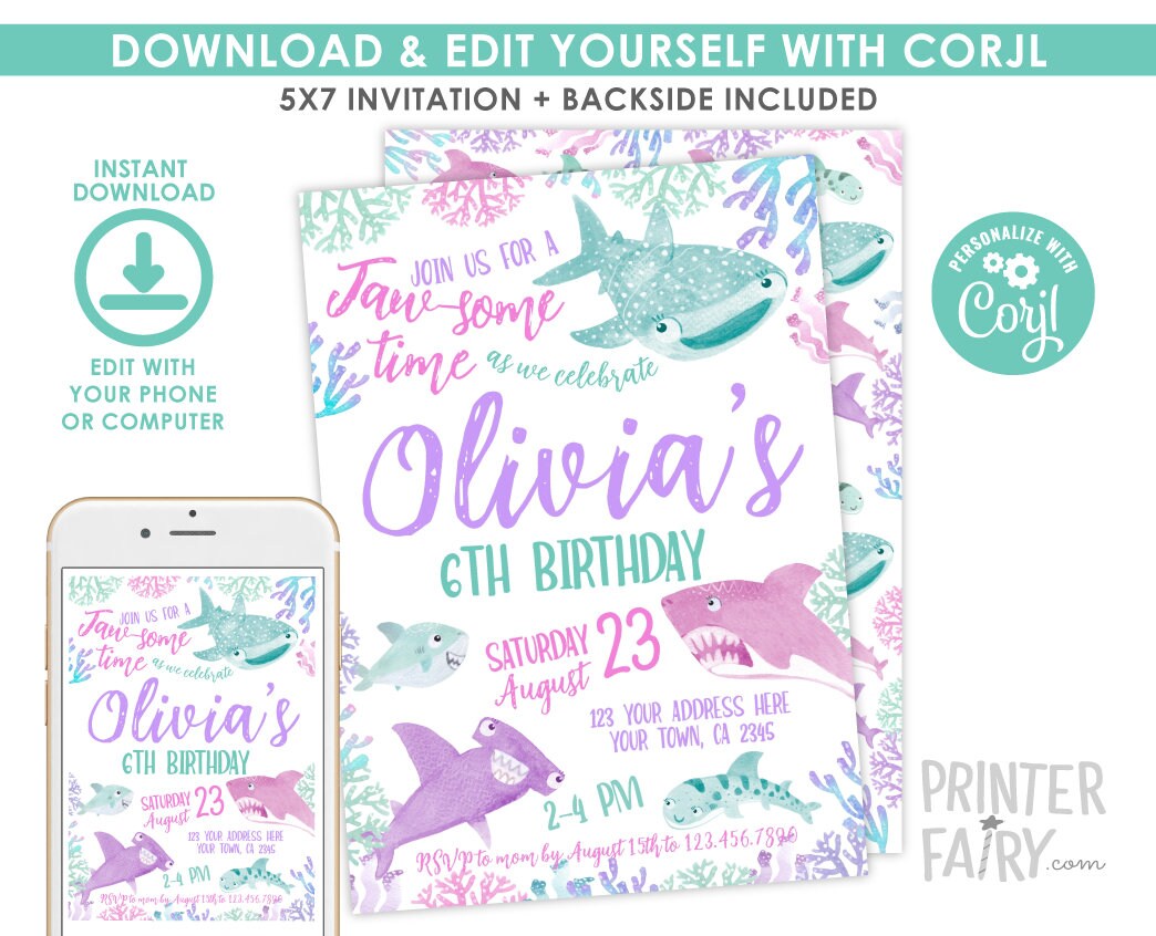 Shark Girl Birthday Invitation, Under the Sea, Editable (Digital Download)