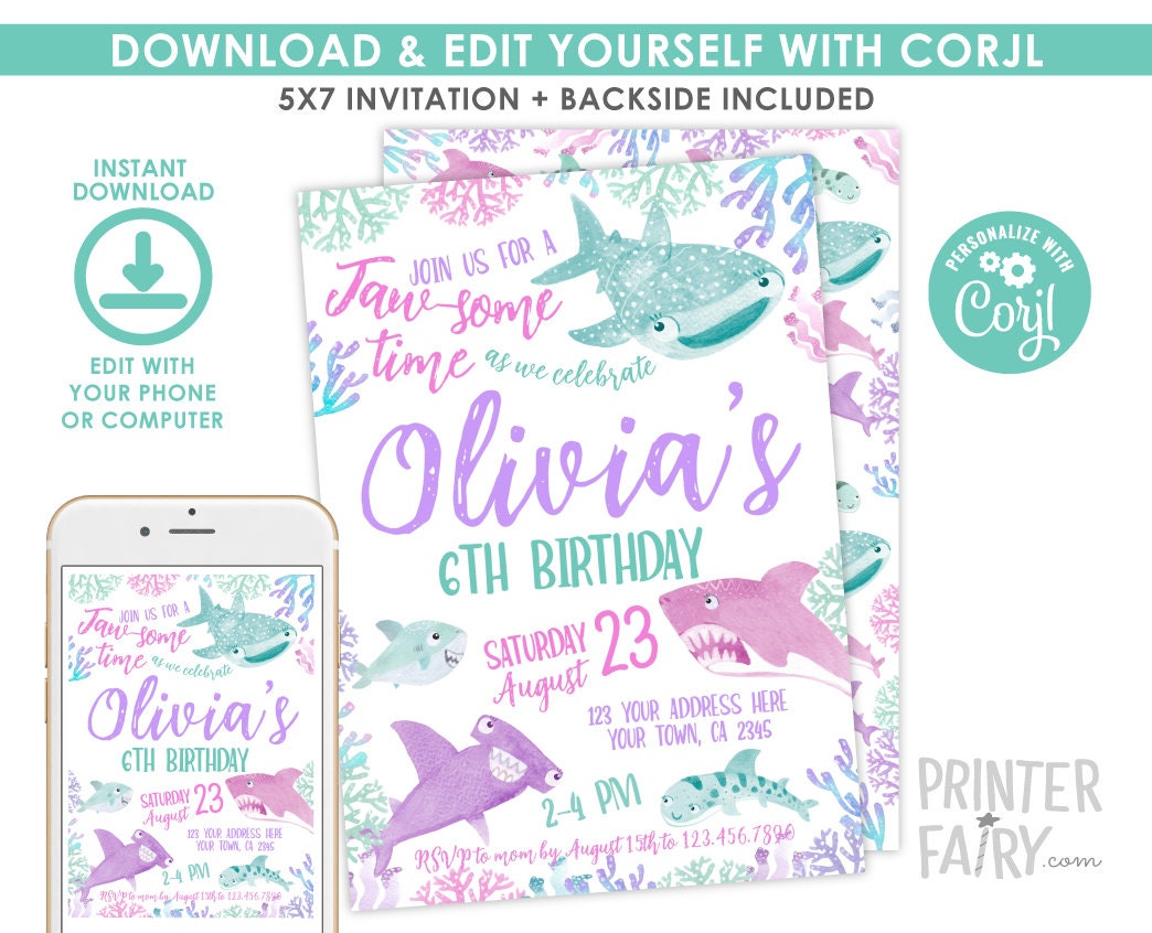 Shark Birthday Party Bundle: Editable Invitation, Banner, Sign (Digital Download)